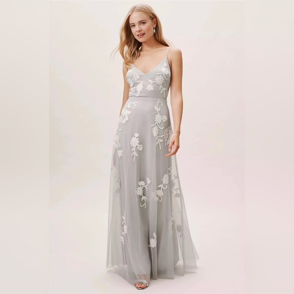 Anthropologie BHLDN Bethany Light Gray Floral Embroidered Dress